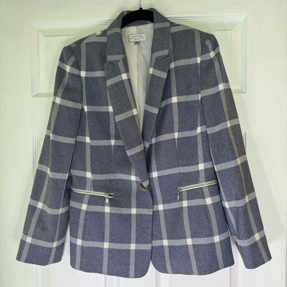 Tahari ASL Women's Petite Plaid Zip-Detail Blazer (6P, Blue/White) - Picture 1 of 9